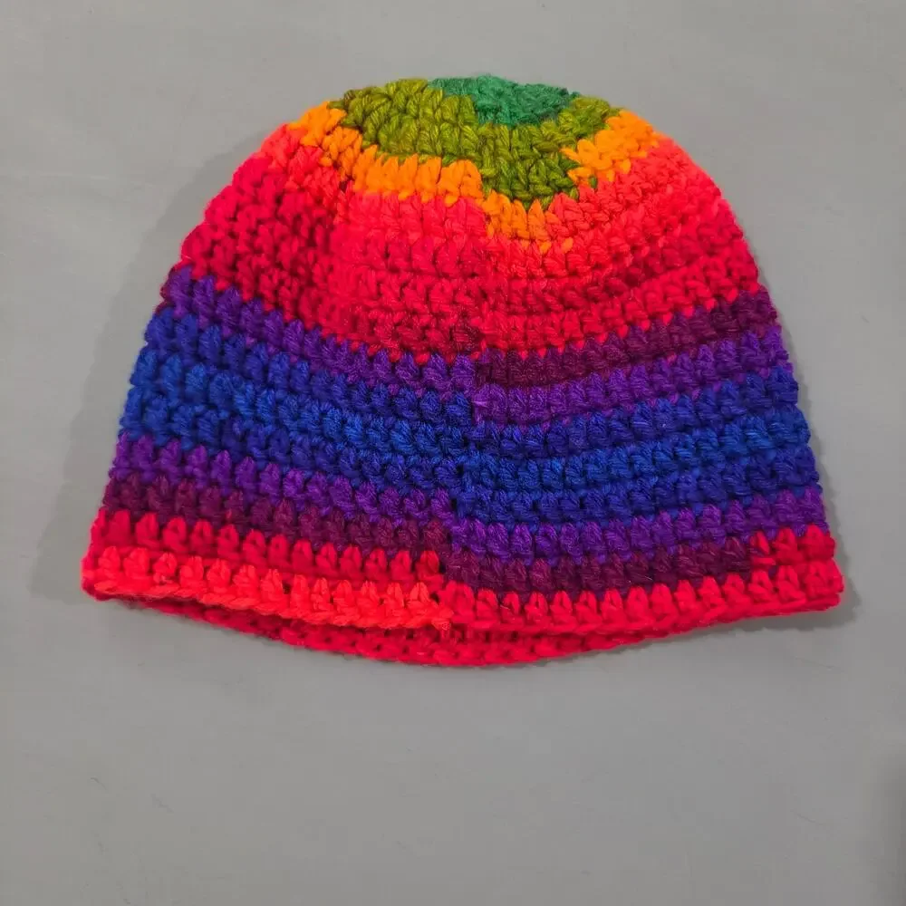 Handmade Crochet Rainbow Striped Beanie Hat Womens One Size Adult Colorful